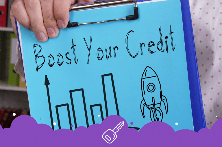 Photo of a person holding a clipboard with the words boost your credit written on it