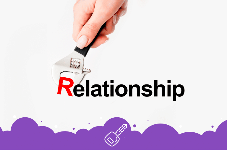 Image of the word relationship written and a person holding a wrench which is around the letter R