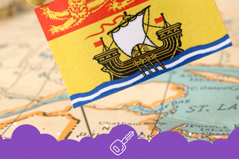 Photo of the New Brunswick flag on a map of Canada
