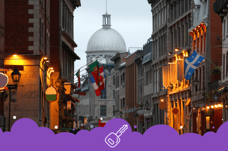 a street with flags and a dome