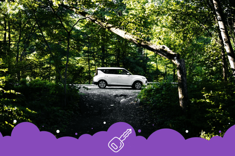 White Kia Soul parked in woods