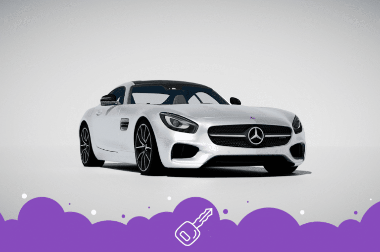 a white sports car with purple clouds