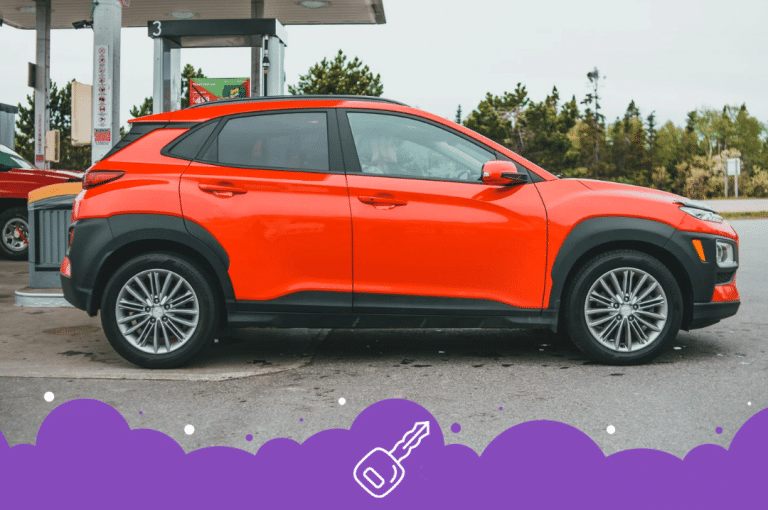 Red Hyundai kona at the gas station