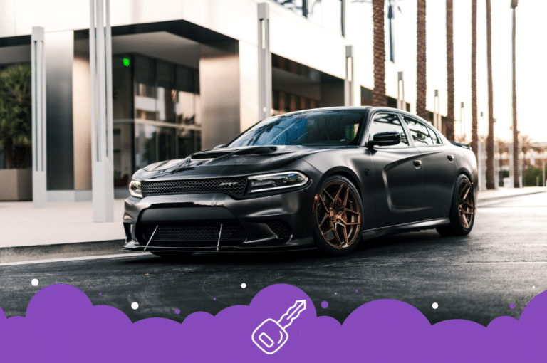 Black dodge challenger srt parked on the side of road