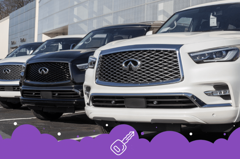 Row of Infiniti qx80s infront of a dealership
