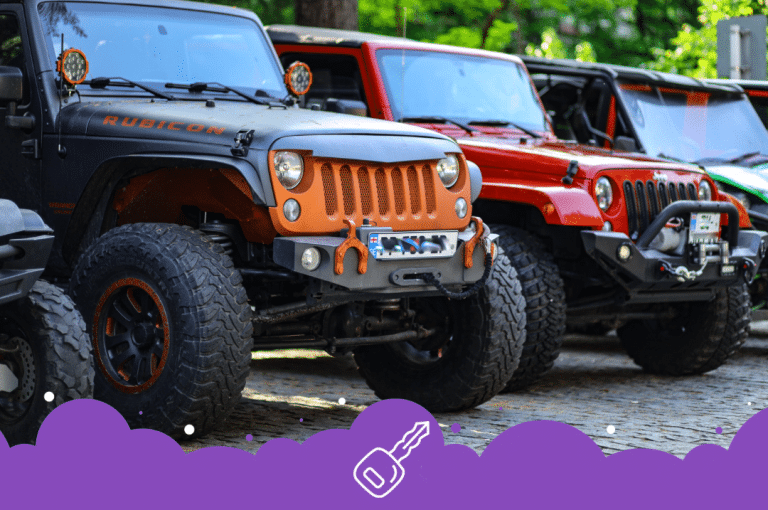 Jeep wranglers parked in a row in a parking lot