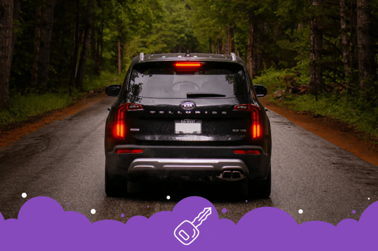 Back of Kia telluride driving into forest