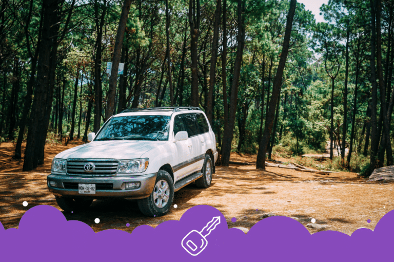 Old white Toyota suv parked in forest