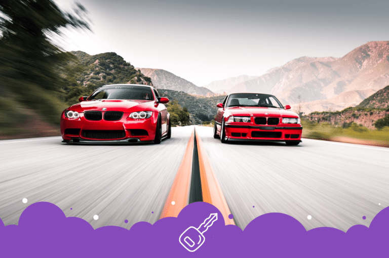 Red bmw e36 with another red bmw driving front shot
