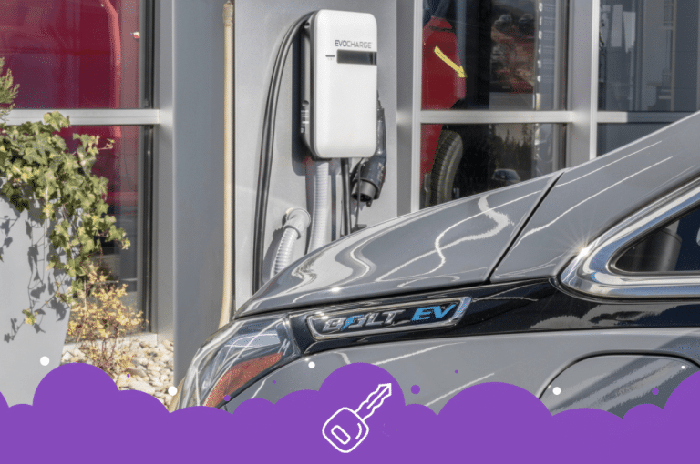 Gray Chevy bolt charging close up