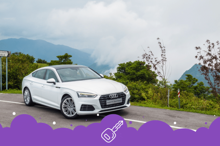 White Audi a5 on side of the road with mountains in the back