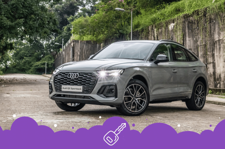 Grey Audi q5 parked infront of greenery