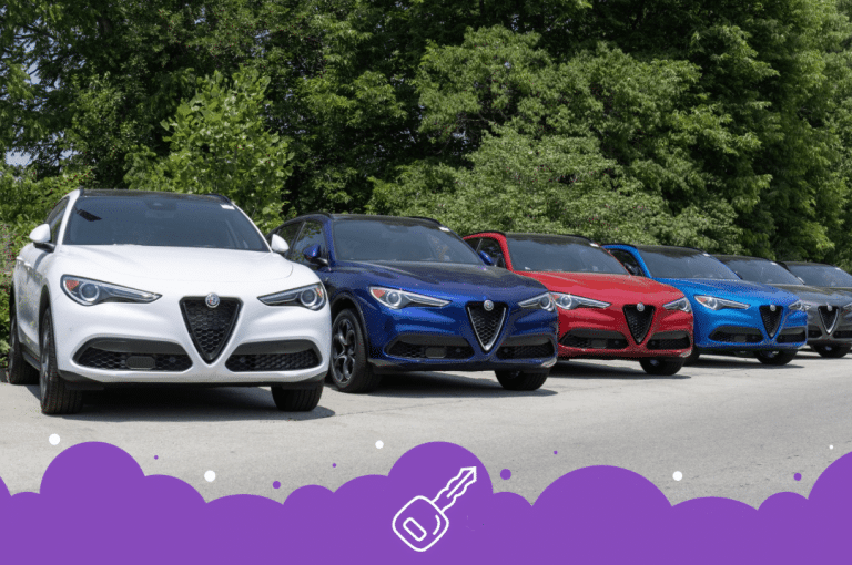 Row of 5 colourful Alfa Romeo stelvio