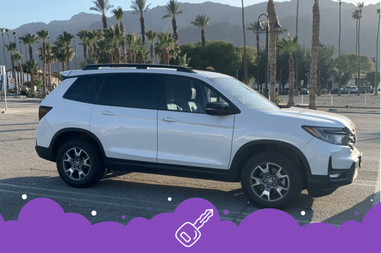 White Honda passport bypalm trees