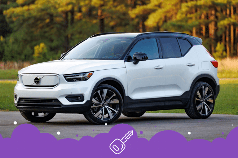 White Volvo suv parked infront of forest
