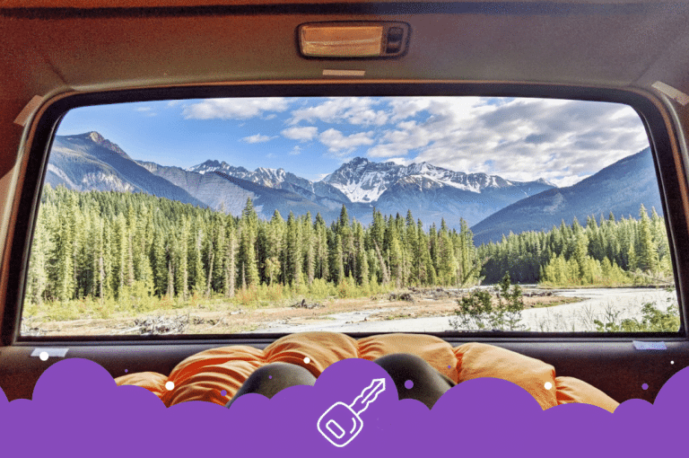 Mountain view outside rear car window