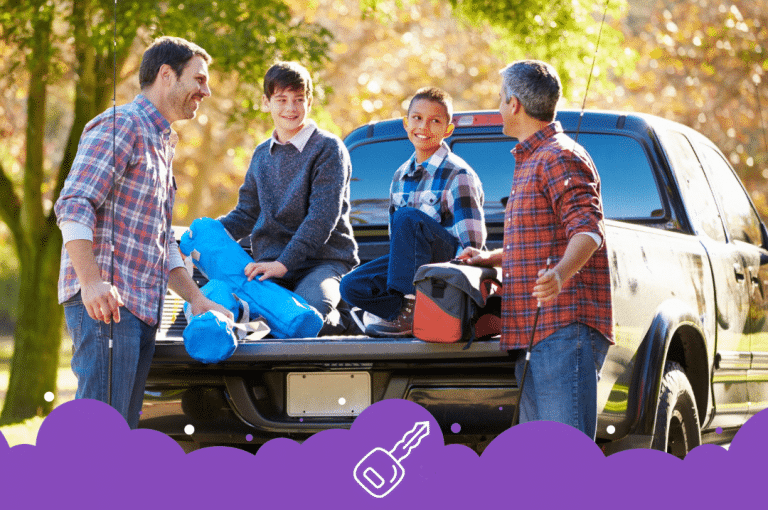 Family in pick up truck bed