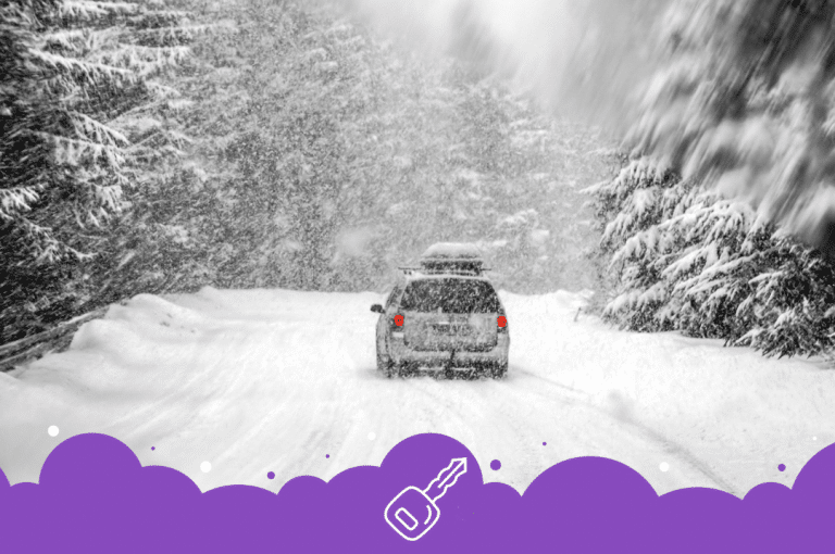 Silver car driving through snow storm in forest