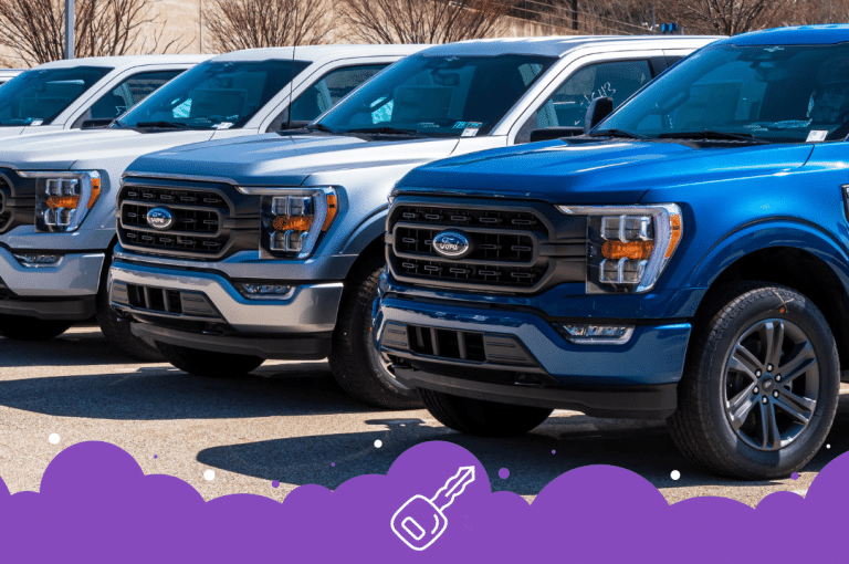 Row of ford f150s at dealer